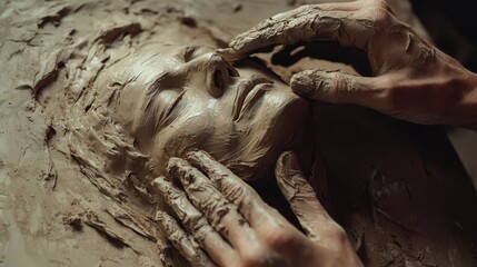Artistic Clay Sculpture Creation with Human Face and Hands