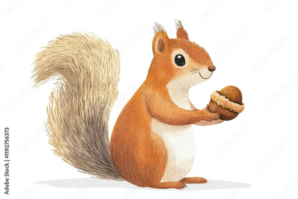 Poster friendly squirrel holding an acorn in a whimsical illustration set in a playful woodland environment