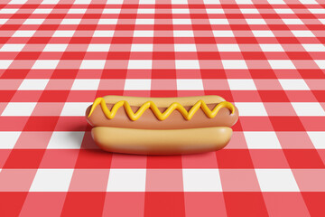 Hotdog on a red and white gingham checkered picnic blanket. Illustration of the concept of fast food restaurant and unhealthy junk food