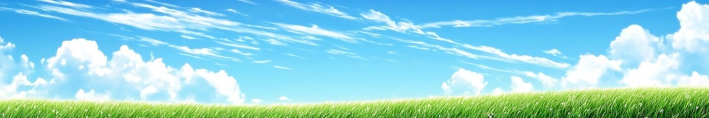 Vibrant green grass under a bright blue sky with fluffy white clouds, creating a perfect outdoor landscape for wallpapers and high-definition backgrounds.