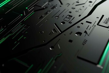 Abstract black background with green accents, futuristic design elements, and geometric patterns, perfect for technology and gaming themes.
