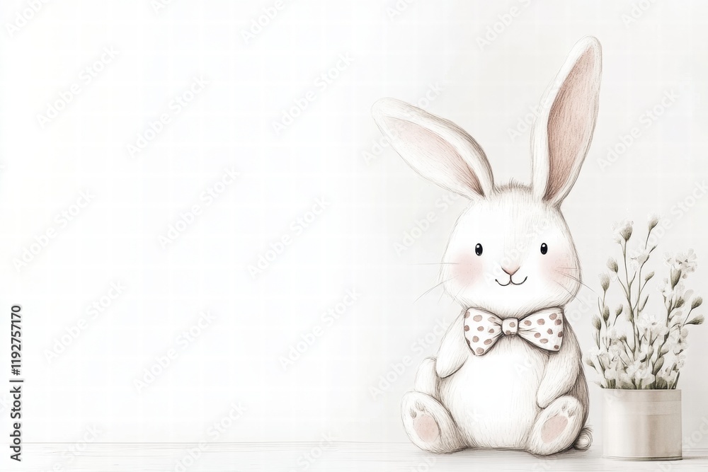 Poster cute illustrated rabbit with a bow tie beside a flower pot in a minimalistic setting. generative ai