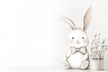 Obraz premium Cute illustrated rabbit with a bow tie beside a flower pot in a minimalistic setting. Generative AI