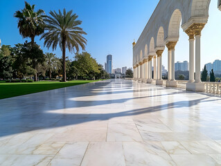 Obraz premium Sunlit colonnade walkway in a park, modern city skyline backdrop; peaceful oasis, ideal for travel or architecture brochures