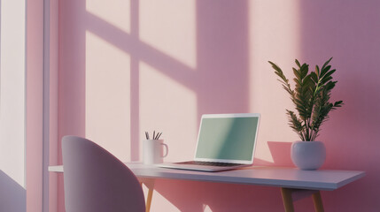 Modern home interior design featuring an office with a wood desk,  with a modern furniture in pink wall background