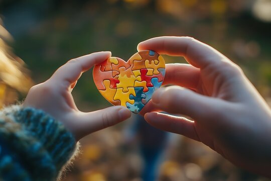 Hands Holding Colorful Heart Shaped Puzzle – Autism Awareness, Love, Support, Family Connection, Togetherness, Mental Health Symbol, Unity Concept, Emotional Bonding, Child and Parent Theme" - Powered by Adobe