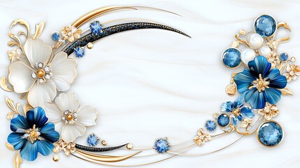 Fototapeta premium Elegant Blue White Floral Design with Gold Accents Jewels