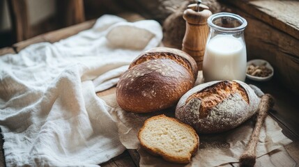 Bread and milk arranged in a cozy, natural-light breakfast setting.