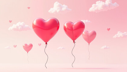 Heart-shaped balloons floating in the sky in red and pink tones