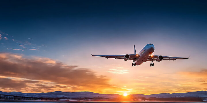 Stunning sunrise with a passenger plane taking off, showcasing incredible details and high-definition quality, perfect composition of the sky and aircraft in motion.

