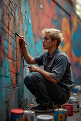 Young Artist with Focused Expression Painting Colorful Street Art against Urban Backdrop