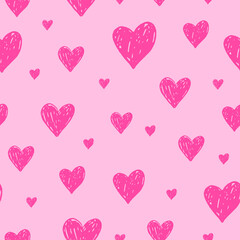 Seamless pattern featuring pink doodle hearts on a light pink background, perfect for romantic and Valentine-themed designs, adding a cute and playful touch