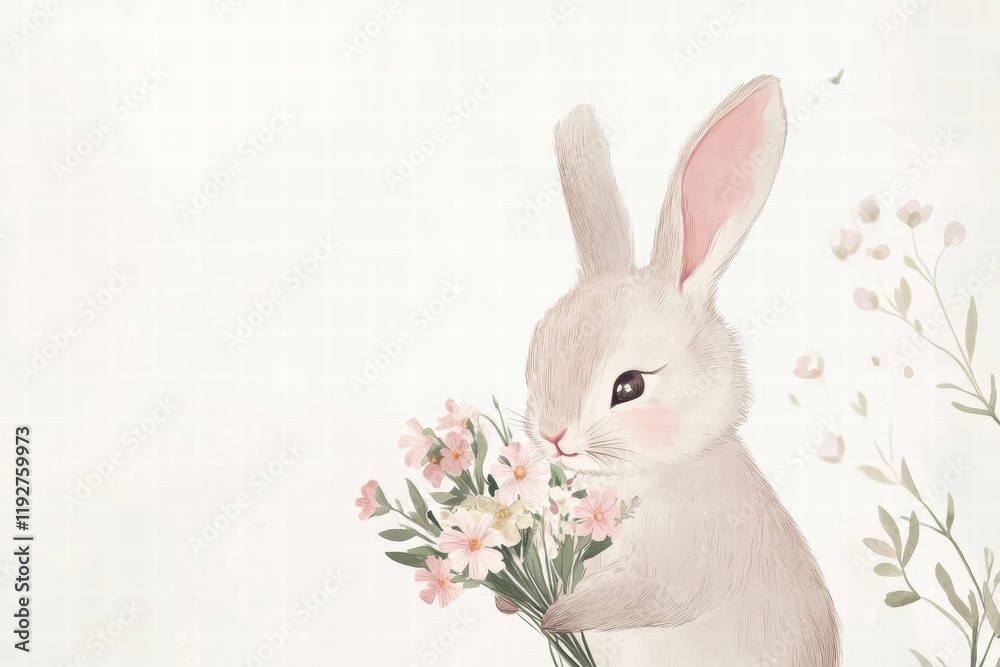 Poster cute rabbit holding a bouquet of flowers in a soft pastel setting during springtime. generative ai