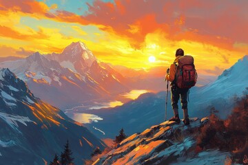 Fototapeta premium ** Adventurous Hiker Enjoying Breathtaking Mountain Sunset View with Vibrant Sky and Majestic Peaks in the Background..**