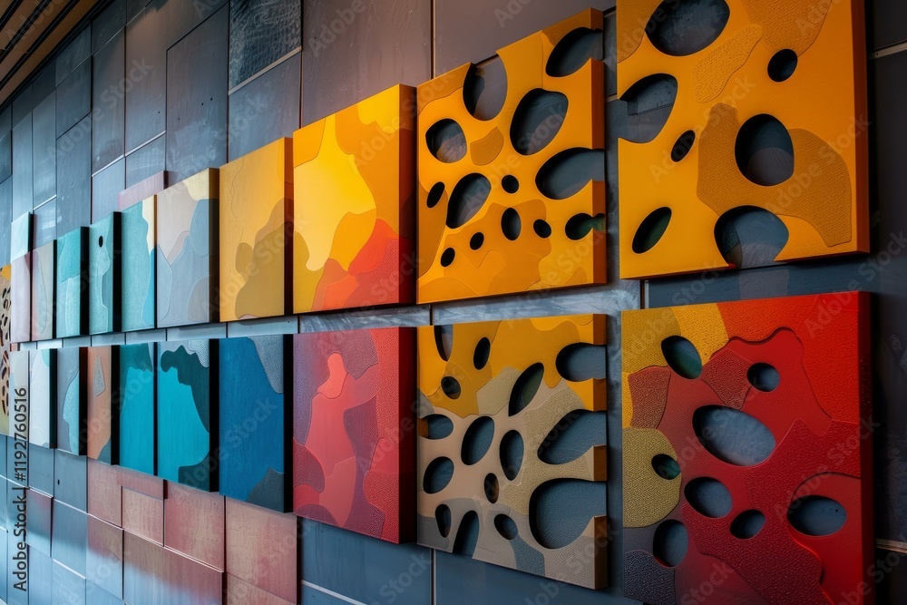 Aufkleber modern art installation with colorful square and rectangular shapes creating a textured wall pattern