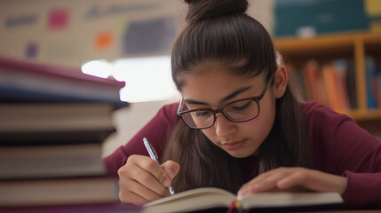Little schoolgirl studying a book in the library or classroom