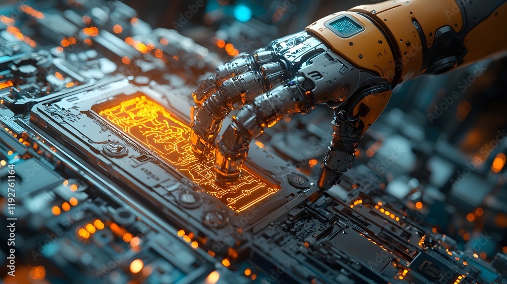 Poster robotic arm assembling intricate machinery with ai powered sensors optimizing real time movements
