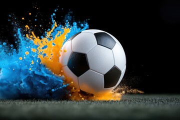 Naklejka premium Dynamic Soccer Ball Burst with Colorful Splash and Motion Effect