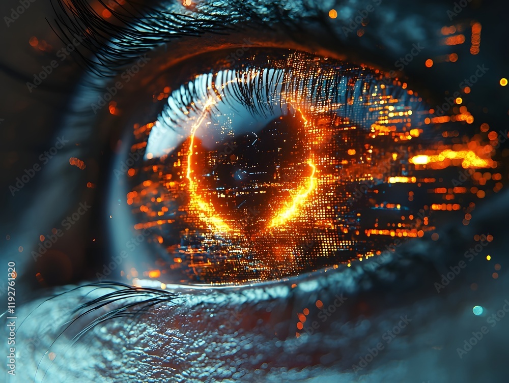 Poster glowing eye scanning dynamically processed database in real time