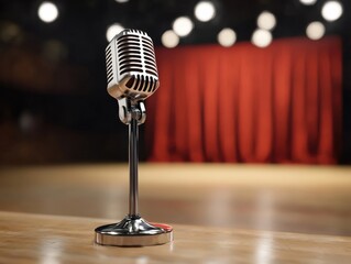 Vintage Microphone on Stage with Spotlight and Red Curtain Background