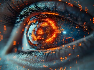 Glowing Eye Scanning a Dynamic Database in Real Time Intelligence Concept