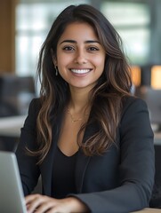 Smiling businesswoman working on laptop.