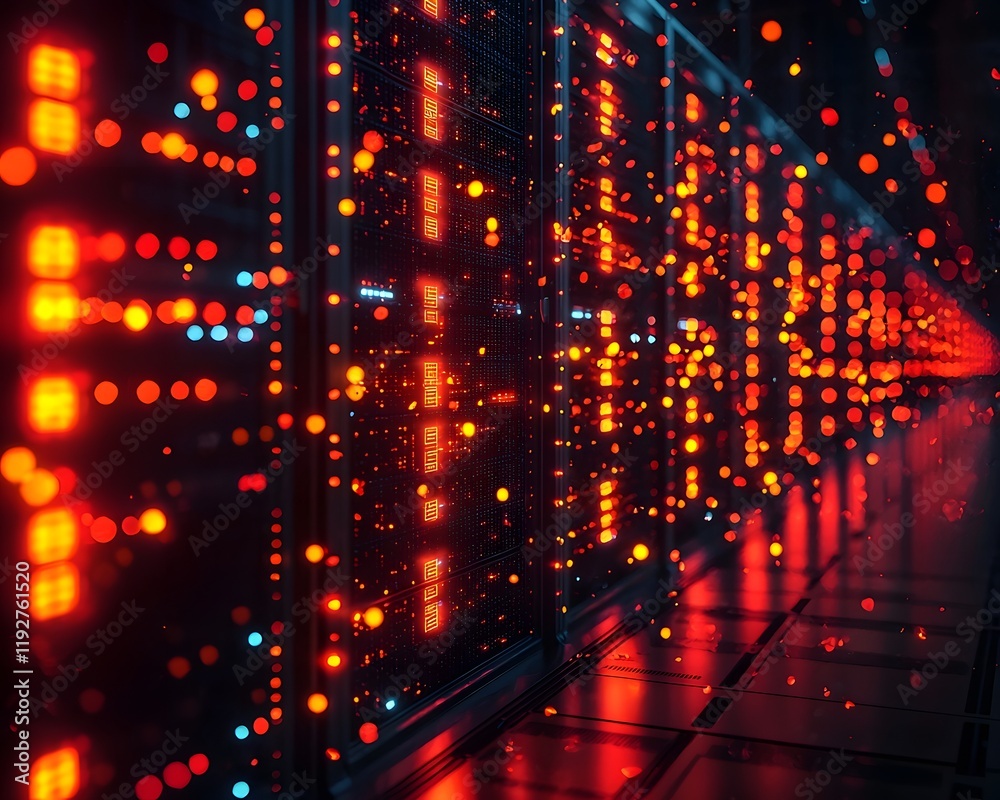 Poster glowing grid of interconnected servers symbolizing power of cloud computing and data networks