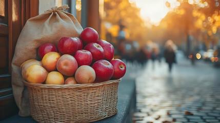 A wicker basket brimming with ripe red and yellow apples sits on a city street, bathed in the warm glow of autumn sunlight.