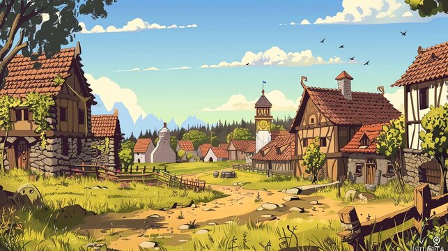 A cartoon style depiction of a medieval village. - Powered by Adobe
