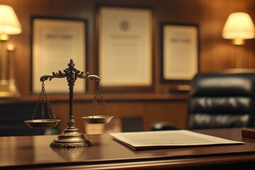 Obraz premium Elegant Scales of Justice in a Professional Law Office Setting with Warm Lighting and Legal Documents in the Background