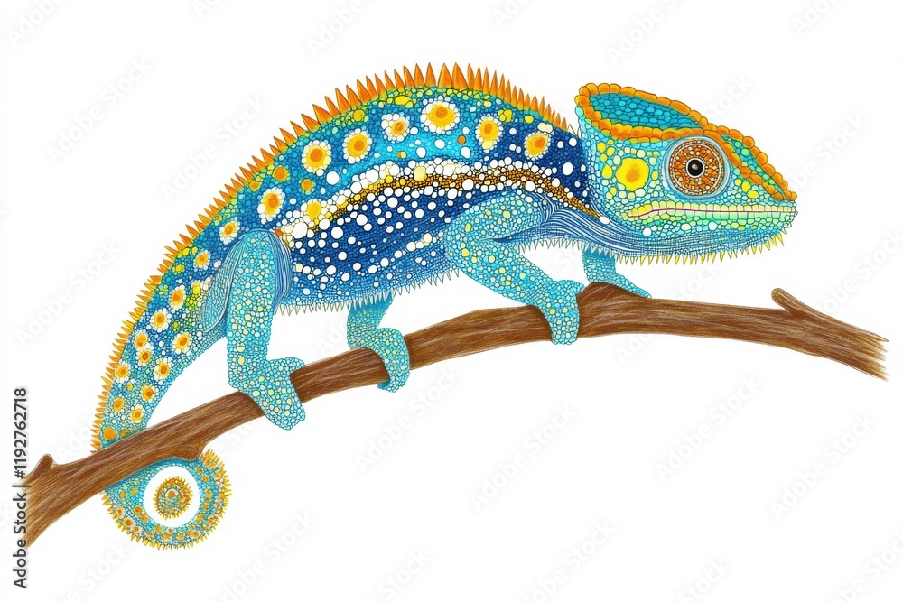 Leinwandbilder vibrant chameleon illustration showcasing intricate patterns and colors on a branch in a natural set