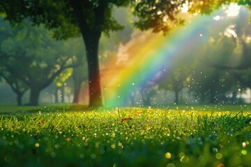 Obraz premium mesmerizing beauty of rainbows and nature is brilliantly captured in a garden. Spring wallpaper.