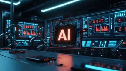 Futuristic AI Control Room Red AI Interface on Monitor with Robotic Arms and Data Displays