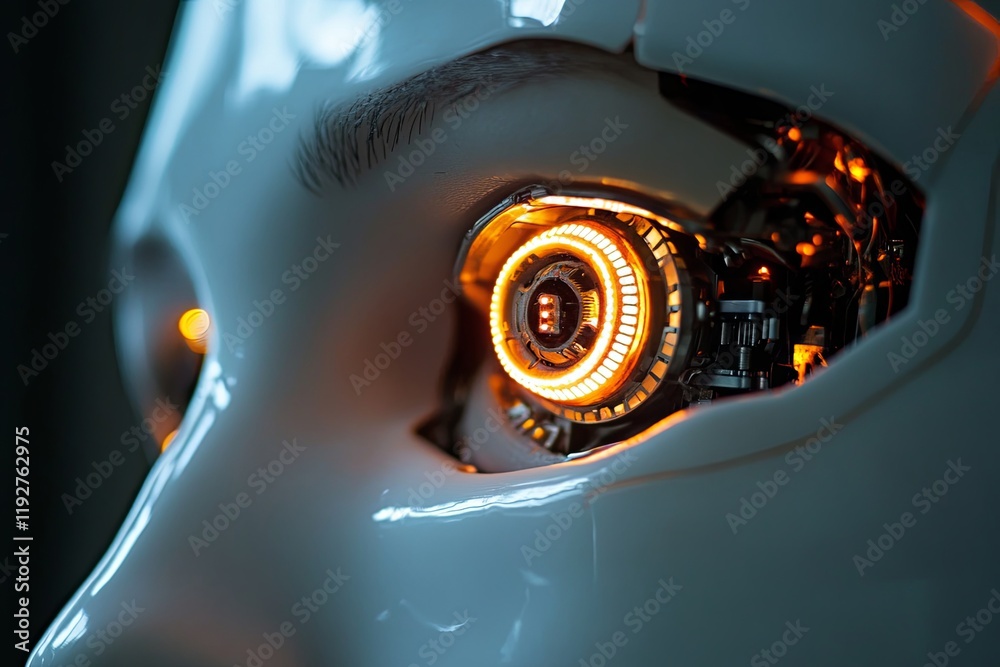 Poster close-up view of a futuristic robotic eye with glowing components highlighting advanced technology i