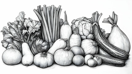 A Bountiful Still Life of Fresh Vegetables and Fruits in Monochrome