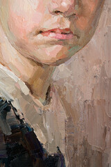 Cute beautiful girl holding her hair. Fragment of oil painting on canvas. .Portrait of a child with brown eyes and blond hair.
