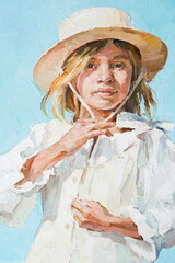 Girl in a straw hat on a blue background. Oil painting on canvas.