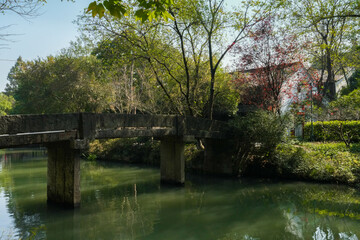 An old bridge spans gracefully across the river in the wetland park of Hangzhou City, China.