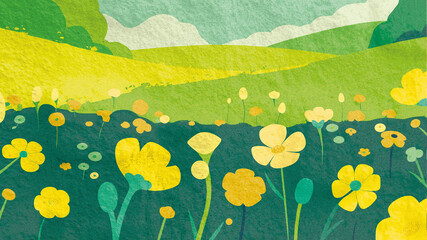 Colorful spring flowers blooming in a sunny landscape.