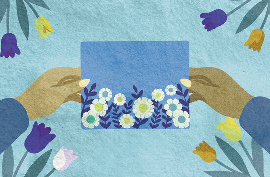 Colorful illustration of hands holding a spring flower card.