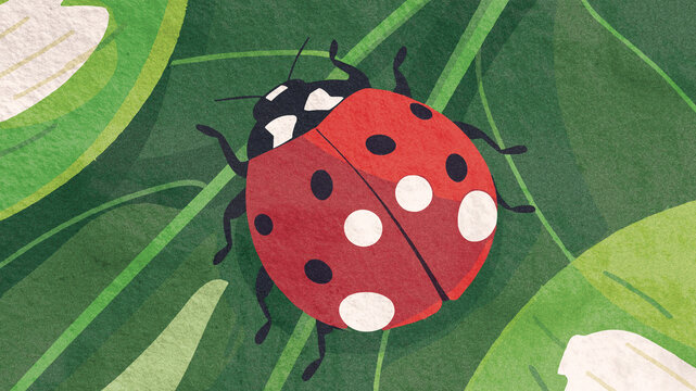 Colorful ladybug resting on vibrant green leaves in springtime.