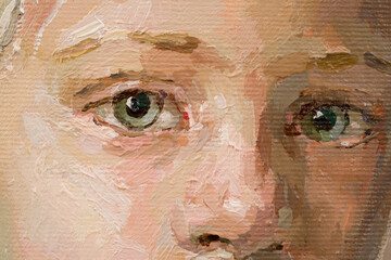Cute beautiful girl holding her hair. Fragment of oil painting on canvas. .Portrait of a child with brown eyes and blond hair.