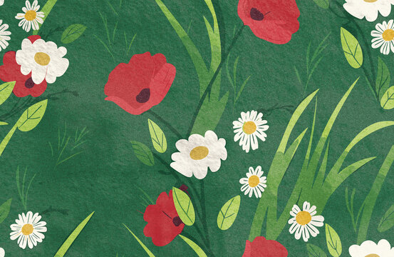 Vibrant spring flowers illustrated against a green background.