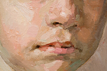 Cute beautiful girl holding her hair. Fragment of oil painting on canvas. .Portrait of a child with...