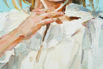 Girl in a straw hat on a blue background. Oil painting on canvas.