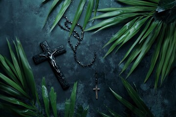 Ash, palm leaf cross, oliver branch, rosary. Ash Wednesday concept.