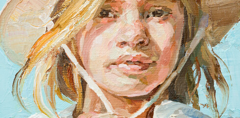 Girl in a straw hat on a blue background. Oil painting on canvas.