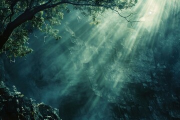 Obraz premium Sun is shining through a foggy forest valley, illuminating the lush green trees and rocky cliffs