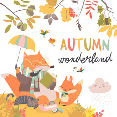 Fototapeta premium Red fox father and son reading a book. Vector illustration