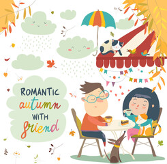 Vector illustration of couple in love on a date in the cafe.